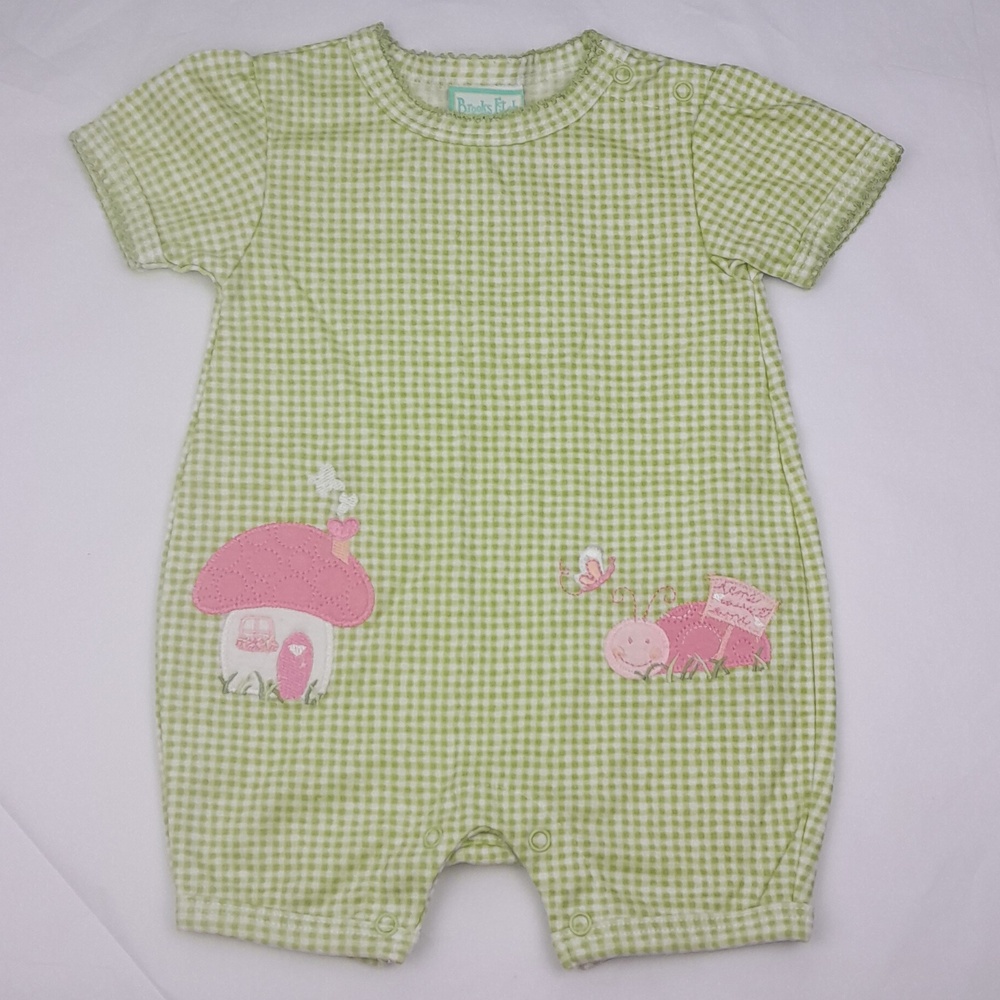 Brooks Fitch ABC Light Green Checkered Short Sleeve Mushroom Romper Bodysuit